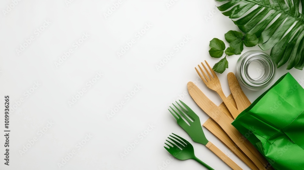 Eco Friendly Utensils Bamboo Forks and Knife Green Reusable Bags Sustainable Lifestyle Eco Friendly Utensils Bamboo Forks and Knife Green Reusable Bags Sustainable Lifestyle