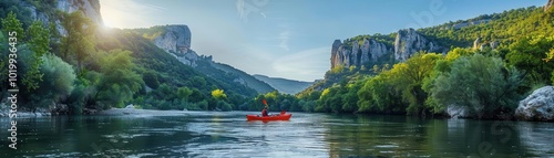 Outdoor enthusiasts kayaking on the Ardeche River, adventure, nature