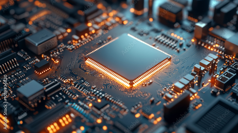 A computer chip with built-in artificial intelligence. The AI is directly on the chip, connected to the motherboard. This shows how AI technology is becoming part of our hardware. A computer chip with built-in artificial intelligence. The AI is directly on the chip, connected to the motherboard. This shows how AI technology is becoming part of our hardware.