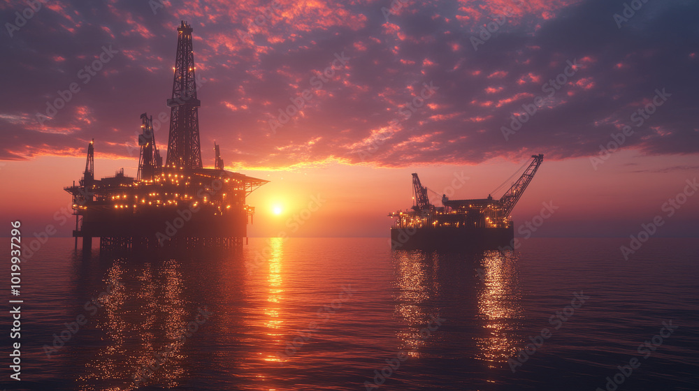 Oil drilling platform stands in the ocean at sunrise.Scene is beautiful,with the rig lit by lanterns and spotlights.Both above and below the water surface,showcasing a classic drilling platform design Oil drilling platform stands in the ocean at sunrise.Scene is beautiful,with the rig lit by lanterns and spotlights.Both above and below the water surface,showcasing a classic drilling platform design