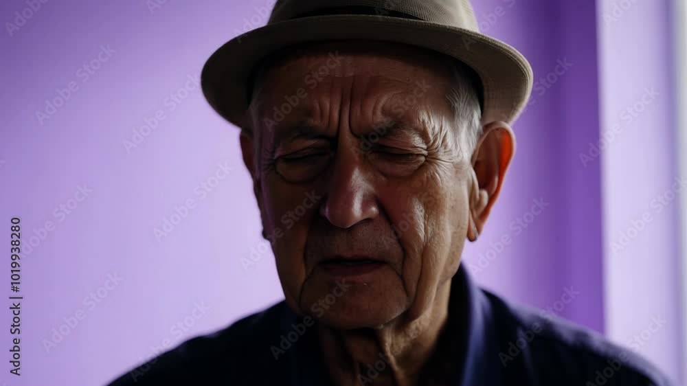 Close-up video of an elderly man with a hat, expressing sadness with natural window light and a static camera Close-up video of an elderly man with a hat, expressing sadness with natural window light and a static camera