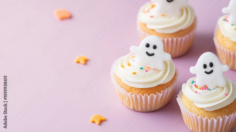 Adorable Halloween Ghost Cupcakes on Pink Background Adorable Halloween Ghost Cupcakes on Pink Background