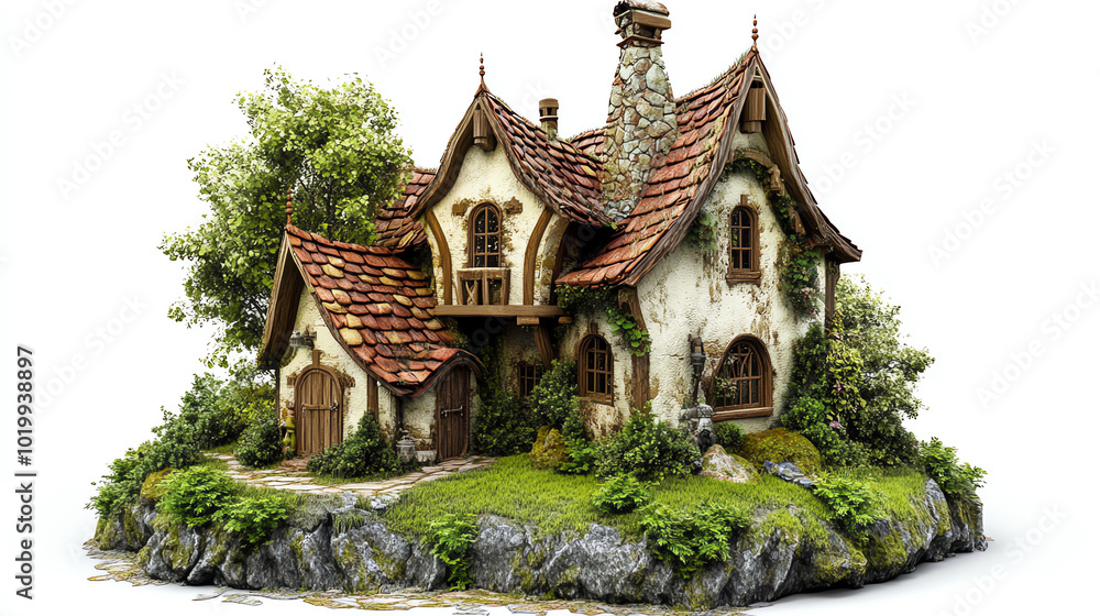 Fototapeta premium A charming, whimsical cottage with a stone chimney, ivy-covered walls, and a lush green lawn. The house is surrounded by trees and flowers.