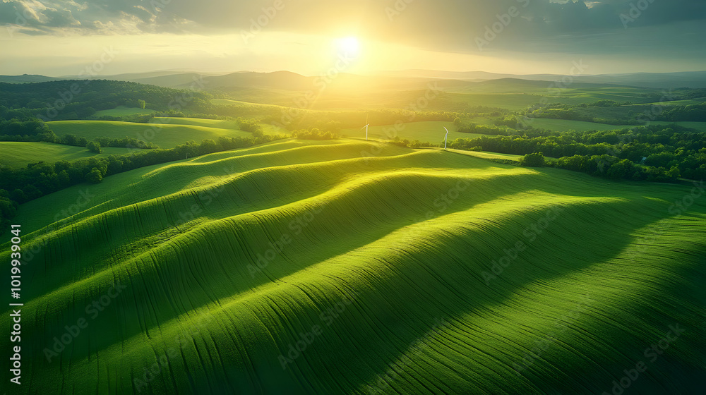 Aerial View of Rolling Green Hills with Sunset and Wind Turbines - Realistic Photo Aerial View of Rolling Green Hills with Sunset and Wind Turbines - Realistic Photo