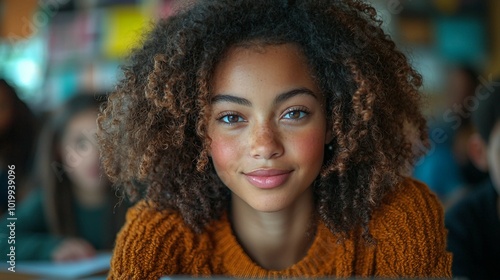 Portrait of a Young Woman with Curly Hair and a Warm Smile