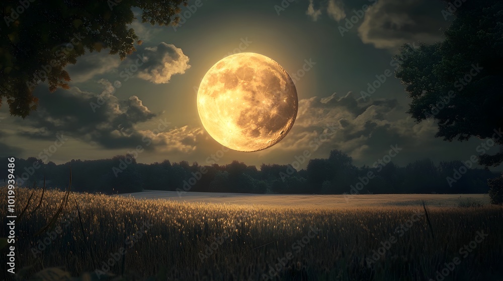 Magnificent Harvest Moon Illuminating the Tranquil Pastoral Scene with Cinematic Lighting