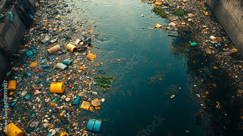 heavily polluted river flows through an industrial area, its murky waters tainted by chemicals, symbolizing environmental neglect and the urgent need for sustainable practices to prevent ecological da photo