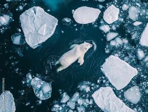 A captivating aerial view of a polar bear swimming amidst floating ice in a pristine arctic landscape.