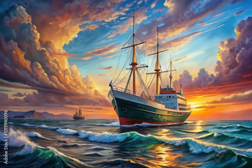 Serene Ship at Sea in Vibrant Oil Painting Capturing the Beauty of Nautical Adventure and Nature