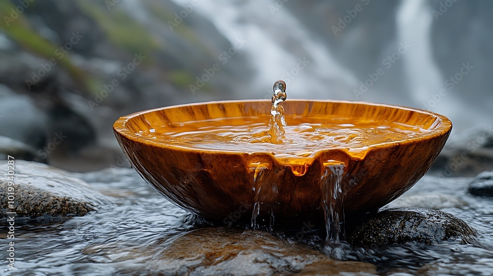 Wooden bowl filled with water in front of a waterfall. Wooden bowl filled with water in front of a waterfall.