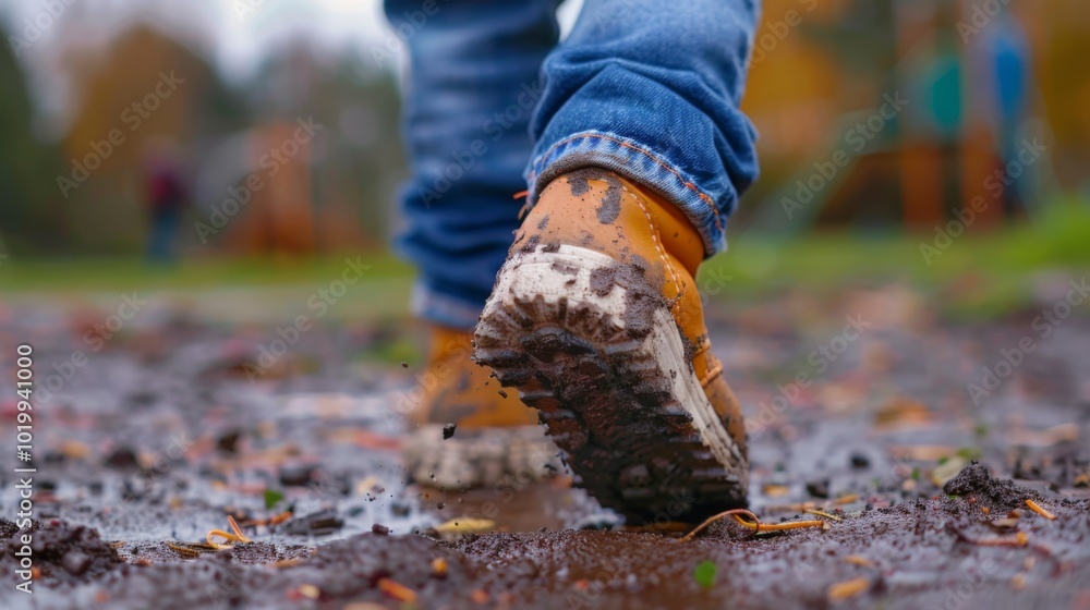 Muddy Boots Walking on Wet Ground in Autumn Muddy Boots Walking on Wet Ground in Autumn