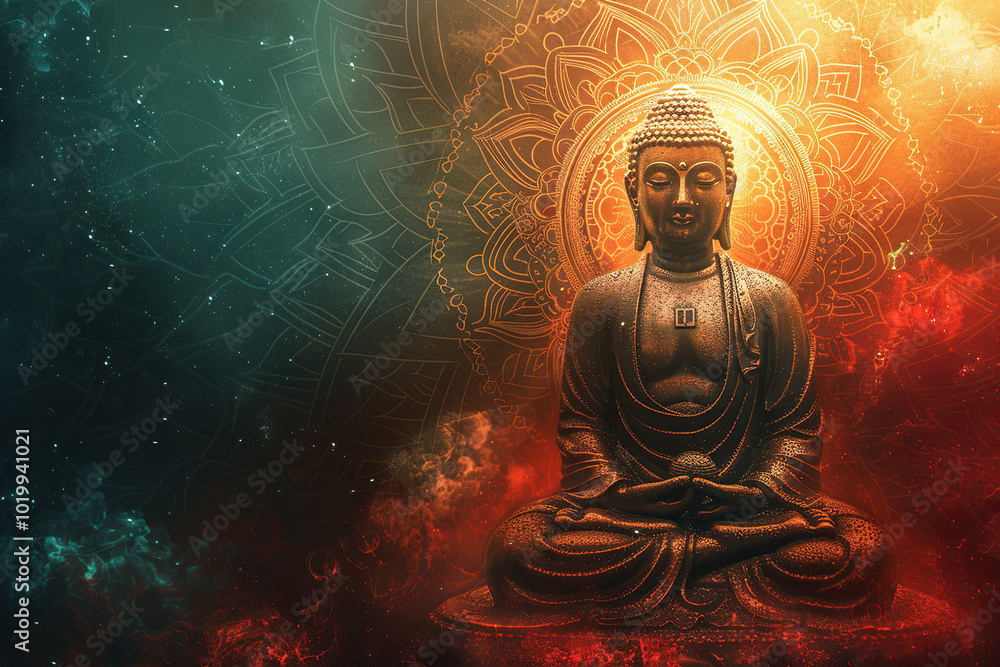 Beautiful greeting card with ancient statue great Buddha to bright holiday composition Beautiful greeting card with ancient statue great Buddha to bright holiday composition