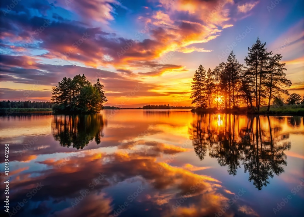 Fototapeta premium Serene Sunset Over Calm Lake with Silhouetted Trees and Reflections on Water Surface at Dusk