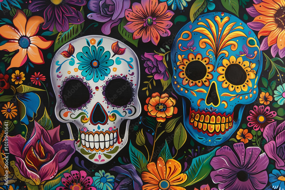 Beautiful greeting card with bright holiday composition for happy to joy celebrate dia de muertos Beautiful greeting card with bright holiday composition for happy to joy celebrate dia de muertos