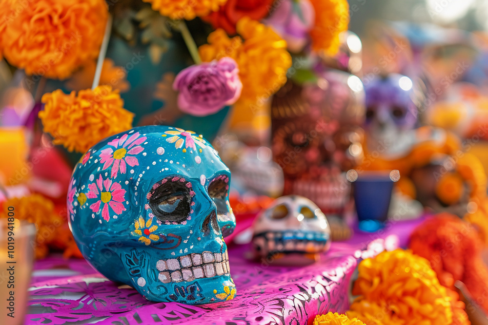 Fototapeta premium Beautiful greeting card with bright holiday composition for happy to joy celebrate dia de muertos
