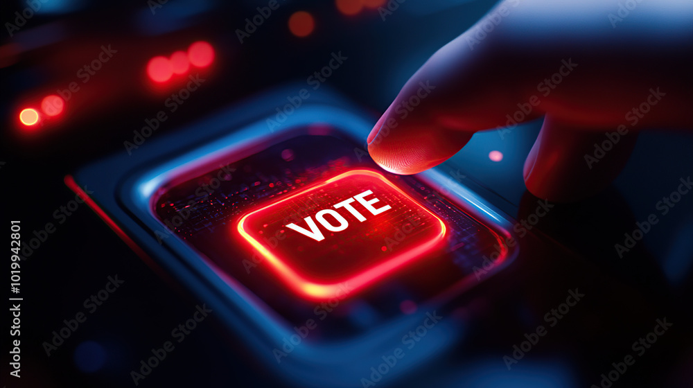 Obraz premium Close-up of a finger about to press a glowing red button with the text