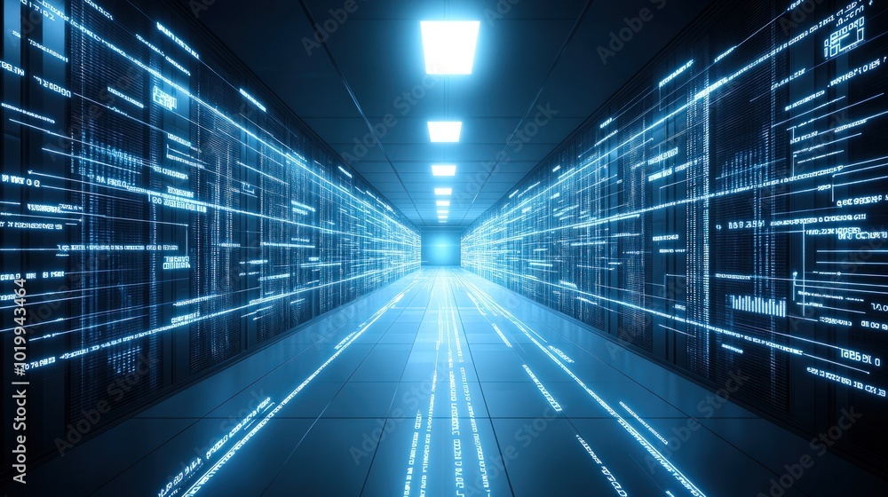 Futuristic server room with data flowing in the form of blue lines and code. Futuristic server room with data flowing in the form of blue lines and code.
