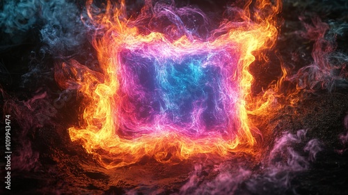 A glowing colorful square of fire on black background 