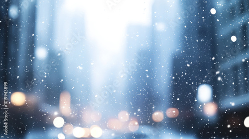 A snowy cityscape with a blurry background and lights in the foreground photo