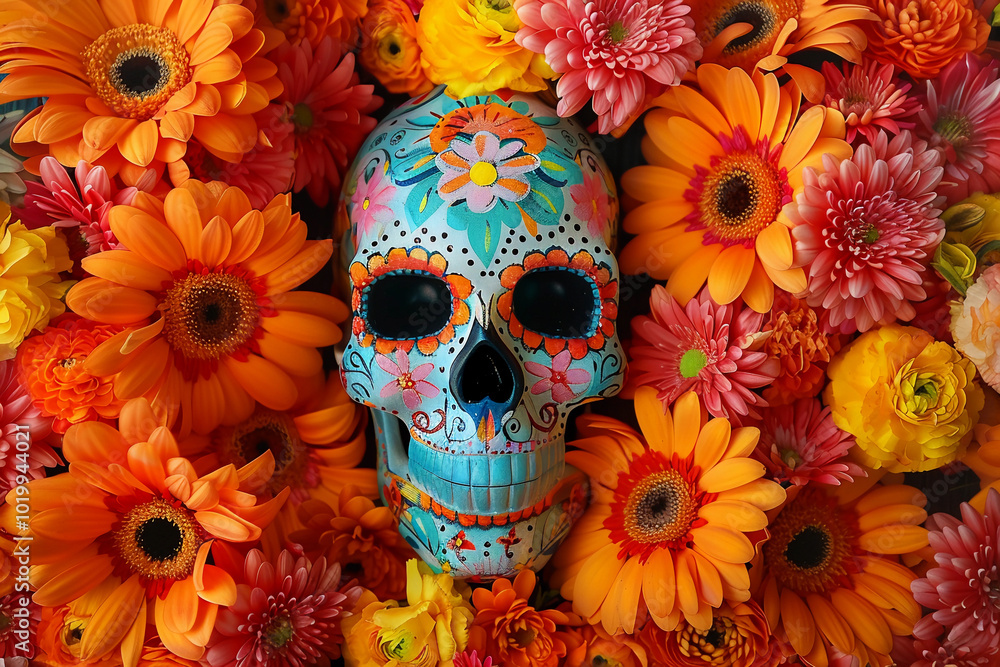 Beautiful greeting card with bright holiday composition for happy to joy celebrate dia de muertos Beautiful greeting card with bright holiday composition for happy to joy celebrate dia de muertos
