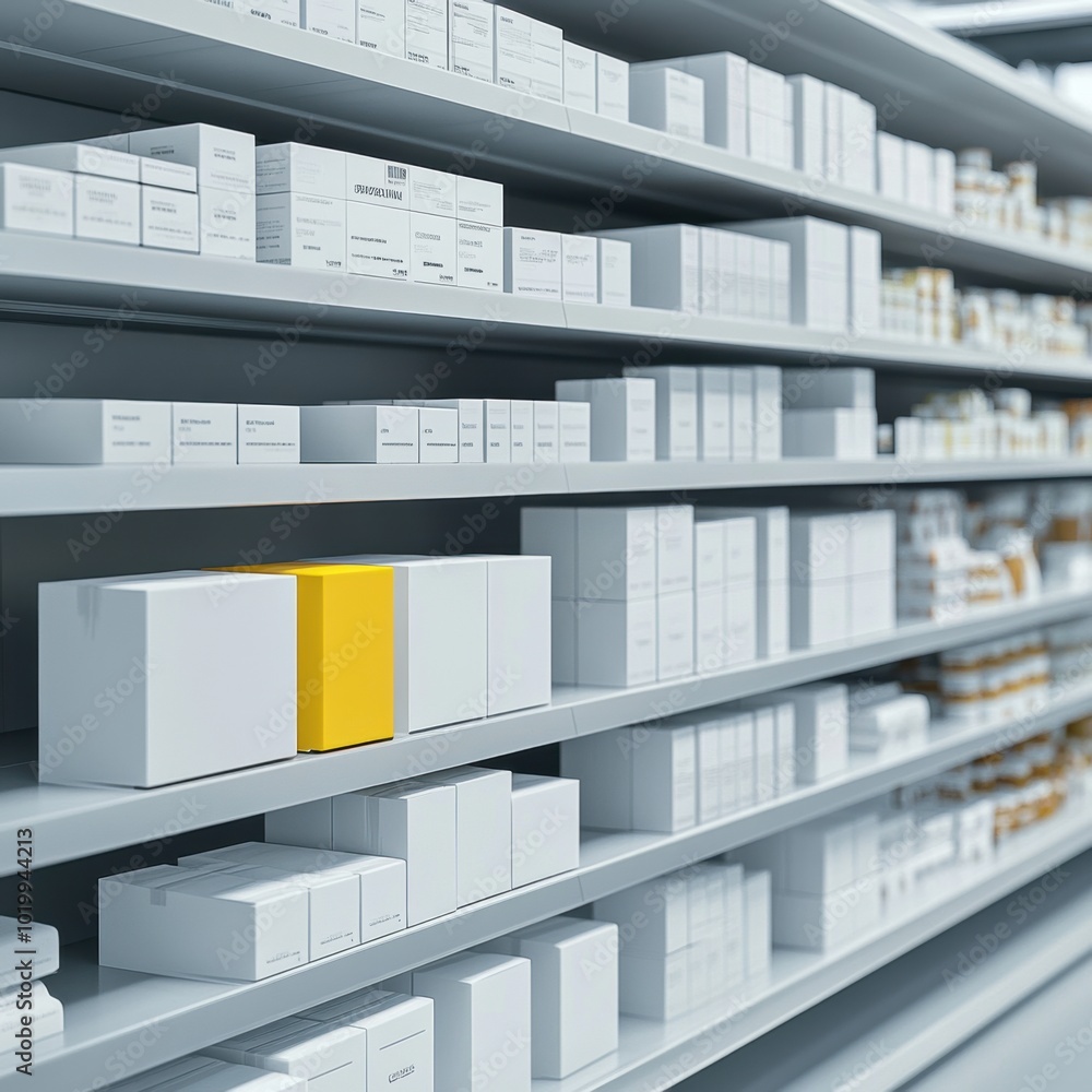 Store Shelves with Yellow Box. Store Shelves with Yellow Box.