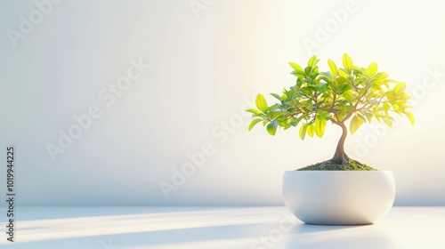 A small bonsai tree in a white pot, with sunlight shining on it.