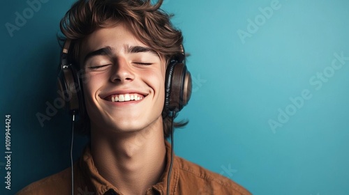 A joyful young man enjoys music, wearing headphones against a vibrant blue background, embodying happiness and relaxation. photo