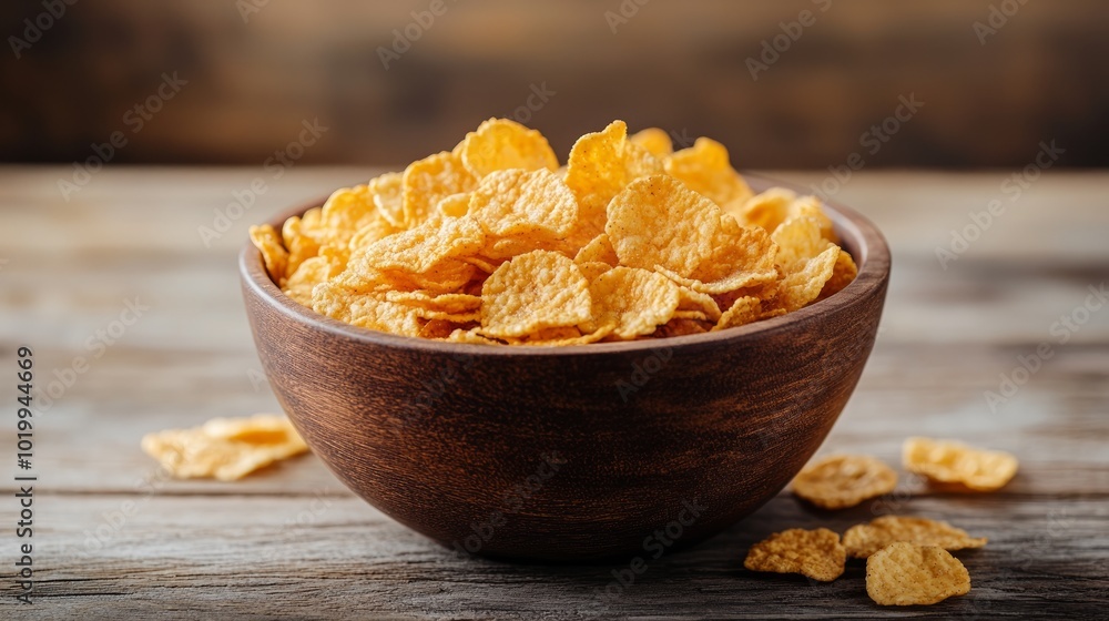 A wooden bowl filled with golden corn flakes on a wooden table. A wooden bowl filled with golden corn flakes on a wooden table.
