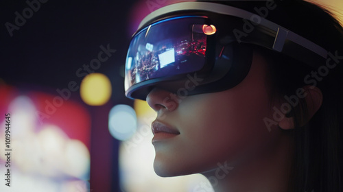 A person wears futuristic glasses that let them see a virtual world. This technology, called VR and AR, creates immersive experiences in a digital space known as the metaverse.