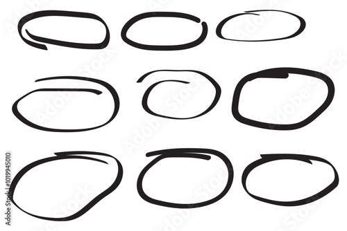 Hand drawn ovals and circles set. Ovals of different widths. Highlight circle frames. Ellipses in doodle style. Set of vector illustration isolated on transparent background.