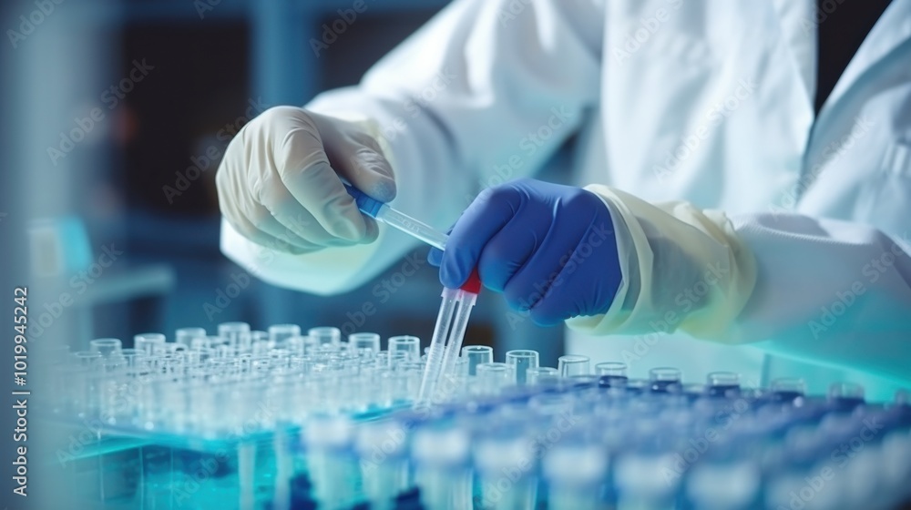 A researcher in gloves precisely uses a pipette amidst rows of vials, embodying the precision and focus of scientific inquiry. A researcher in gloves precisely uses a pipette amidst rows of vials, embodying the precision and focus of scientific inquiry.