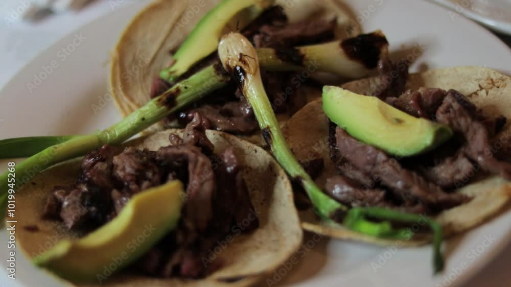 Skirt steak Tacos with Grilled Beef, Avocado, and chives on a Serving Plate Skirt steak Tacos with Grilled Beef, Avocado, and chives on a Serving Plate