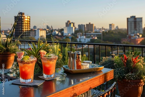 A rooftop bar scene with a panoramic view and Palomas being served