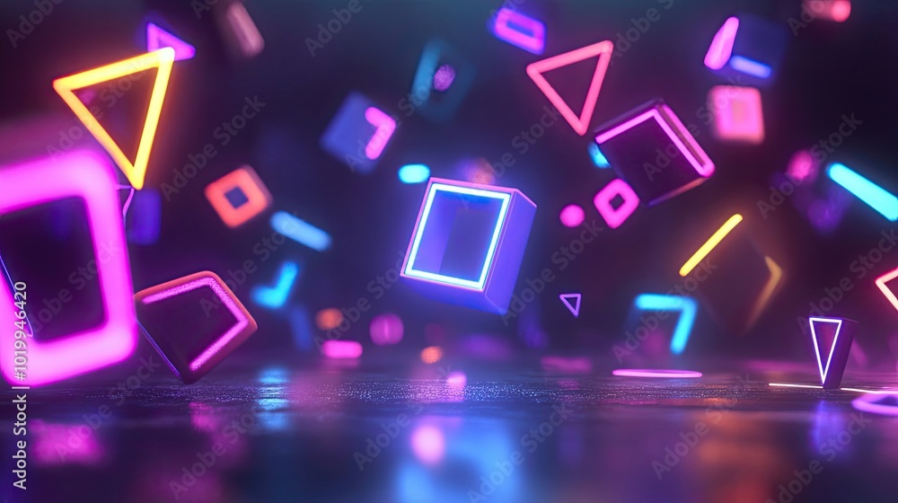 Fototapeta premium Abstract Neon Geometric Shapes Floating Above a Reflective Surface