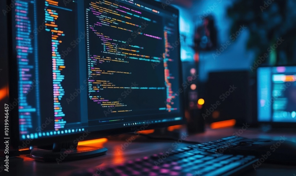 A close-up shot of a computer monitor displaying lines of code, with a keyboard in the foreground. A close-up shot of a computer monitor displaying lines of code, with a keyboard in the foreground.