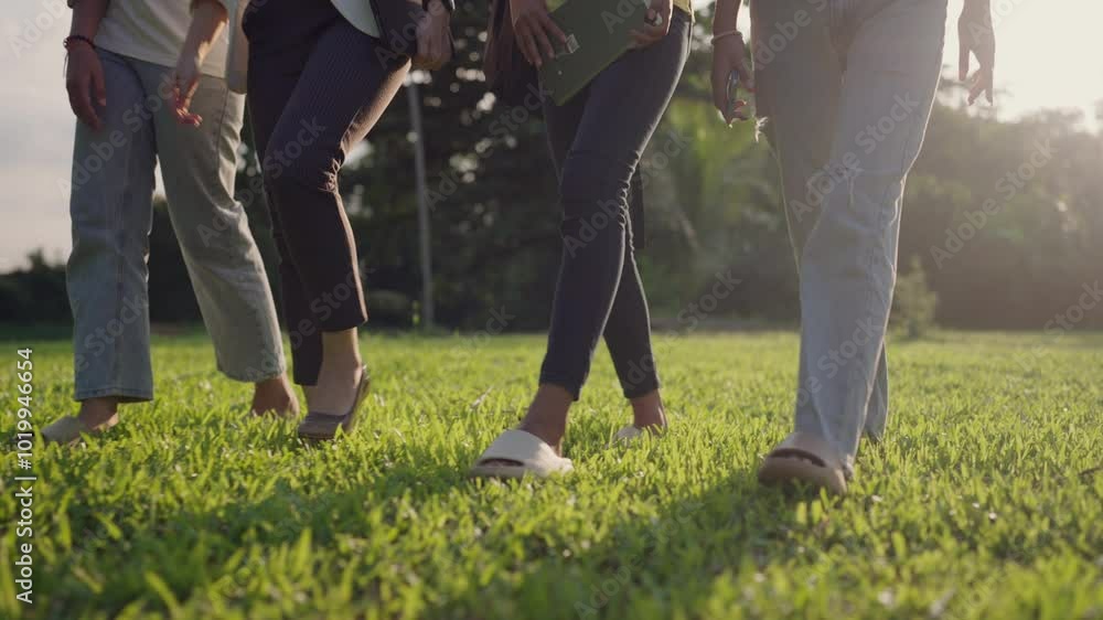 Four people are walking in a grassy field. The grass is green and the sky is blue Four people are walking in a grassy field. The grass is green and the sky is blue