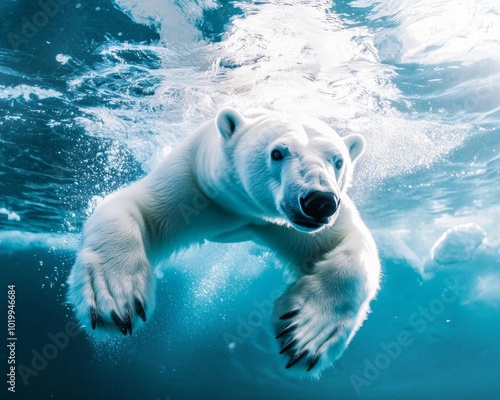 A majestic polar bear swimming gracefully beneath the water, showcasing its strength and agility in a vibrant aquatic environment.
