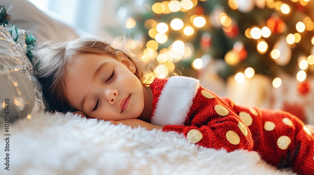 A young girl in a red and white polka dot Christmas sweater sleeps peacefully on a white bed with a Christmas tree in the background. A young girl in a red and white polka dot Christmas sweater sleeps peacefully on a white bed with a Christmas tree in the background.