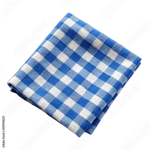 Blue folded checkered napkin isolated on transparent background