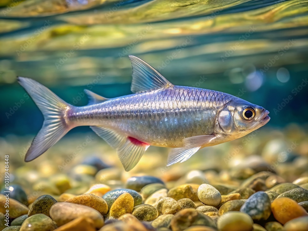 Fototapeta premium Shimmering Small Silver Fish Swimming Gracefully in Clear Water with Natural Light Reflections