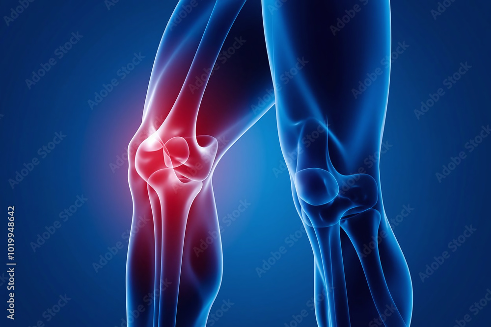 human leg in profile and glowing knee joint highlighted by red color human leg in profile and glowing knee joint highlighted by red color