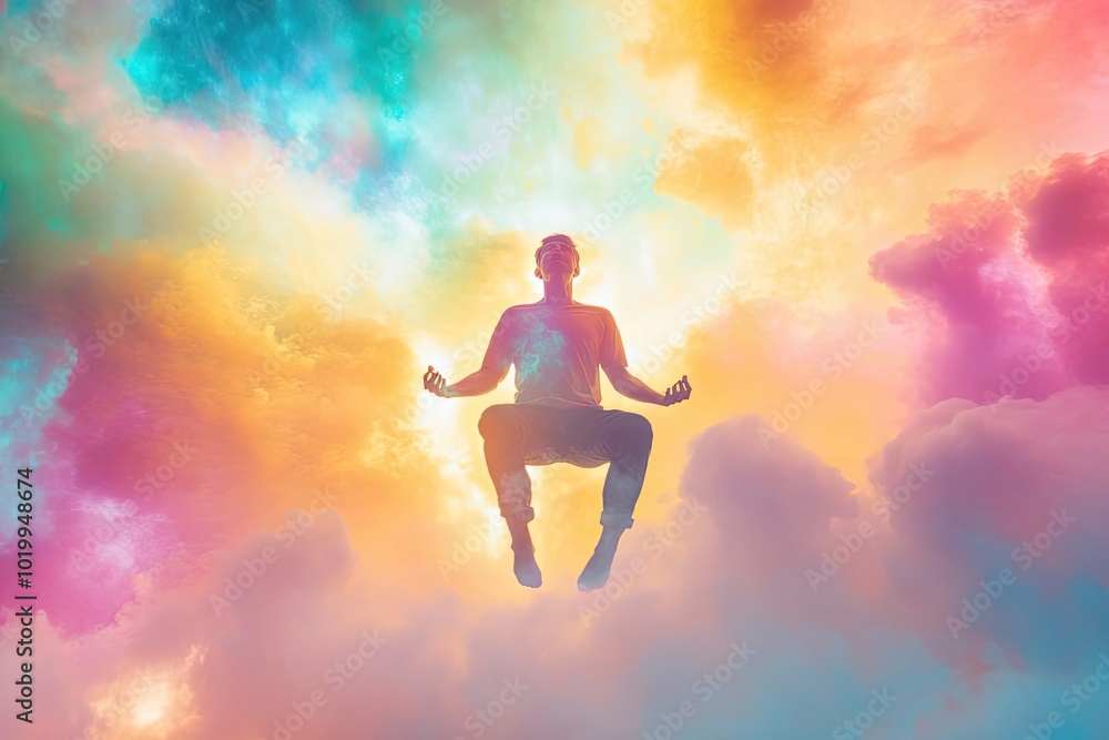 A Silhouette of a Man Meditating in a Dreamy, Colorful Sky