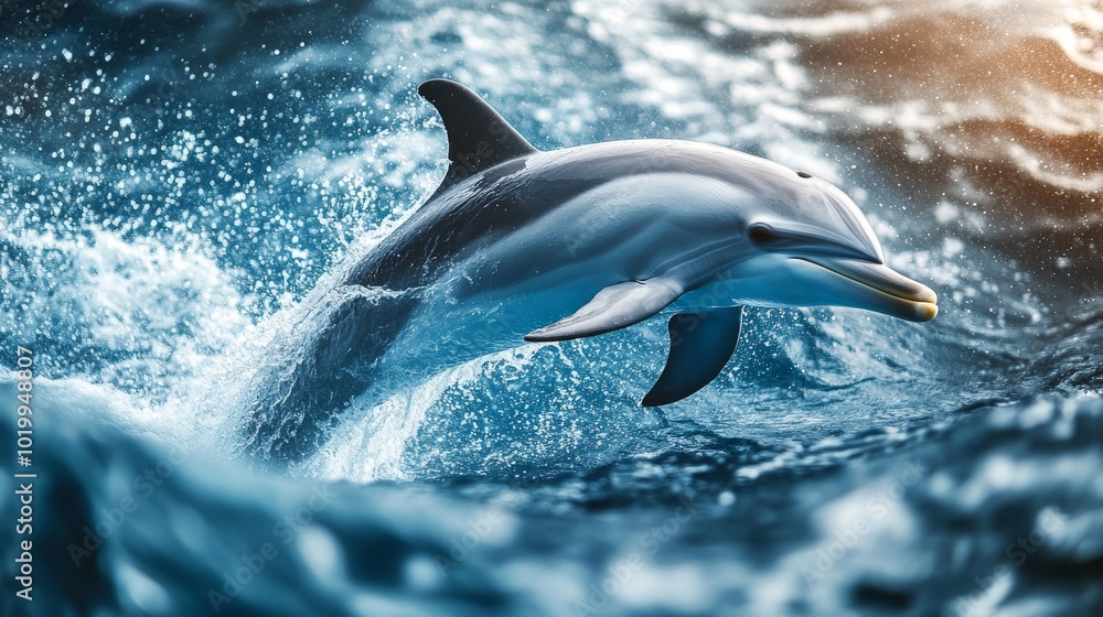 Naklejka premium close up of a dolphin swimming jumping to the surface of the ocean