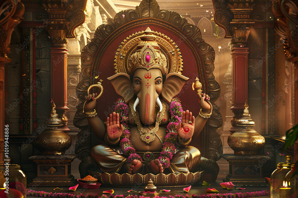 Fototapeta premium Beautiful greeting card with bright holiday composition for happy celebrate Ganesh Chaturthi