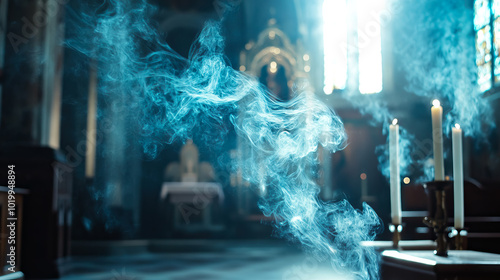 Incense smoke swirling with candles in a church with copy space for all saints' day background banner.