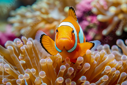 A fantastically beautiful bright clownfish swims in sea among the corals