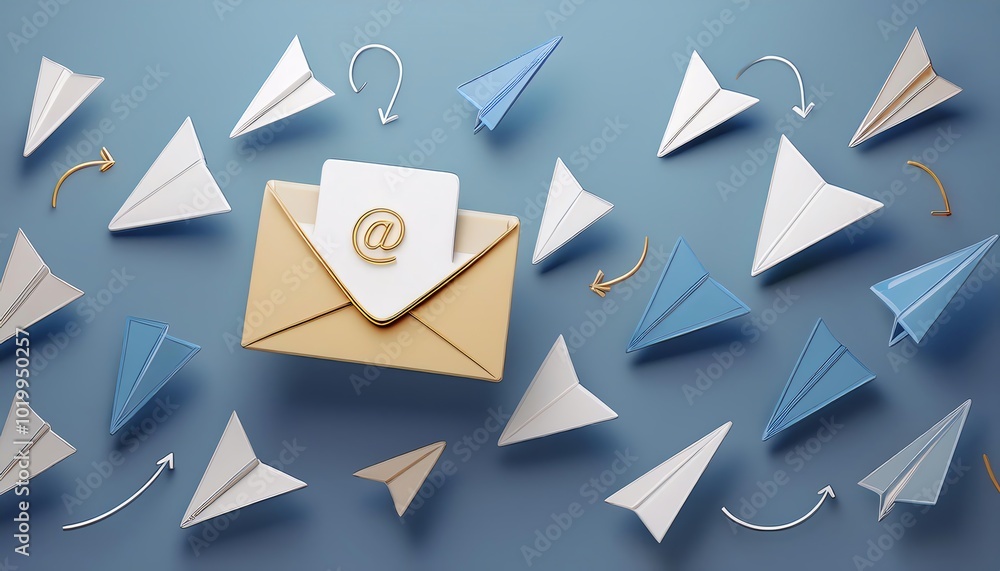 A creative composition featuring paper airplanes and an envelope, symbolizing communication and connection against a blue background. A creative composition featuring paper airplanes and an envelope, symbolizing communication and connection against a blue background.