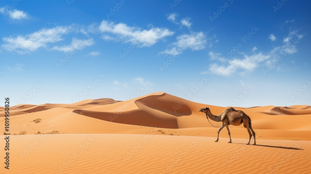 A lone camel crosses expansive golden dunes, under the vast azure sky, embodying solitude and resilience in the arid desert landscape.