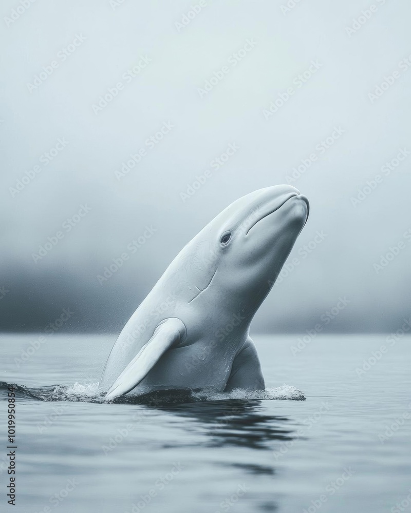 Fototapeta premium A serene image of a beluga whale gracefully breaching the calm water, set against a misty, tranquil backdrop.
