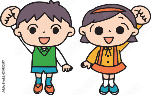 元気なポーズの男の子と女の子